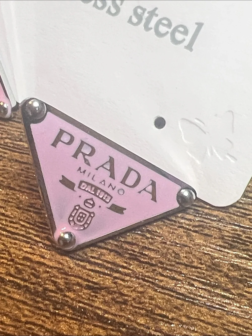 Up Cycled Pink Triangle Logo Stainless Steel Drop Earrings